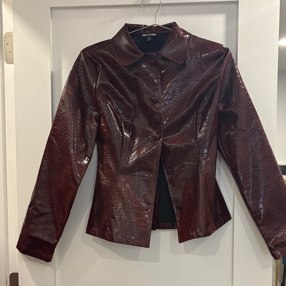 PrettyLittleThing Burgundy Croc-Embossed Leather Jacket